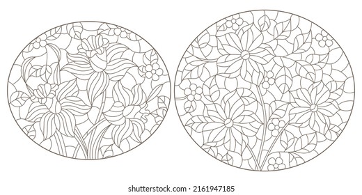 A set of contour illustrations in the style of stained glass with floral arrangements, dark contours on a white background