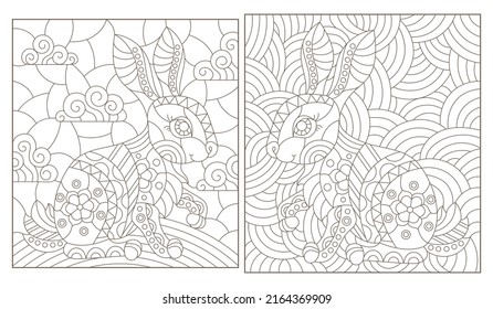 A set of contour illustrations in the style of stained glass with cute rabbits, dark contours on a white background