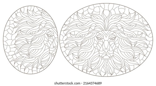 A set of contour illustrations in the style of stained glass with portraits of lions, dark contours on a white background