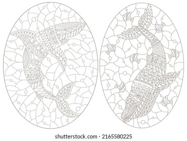 A set of contour illustrations in the style of stained glass with abstract shark and whale, dark contours on a white background