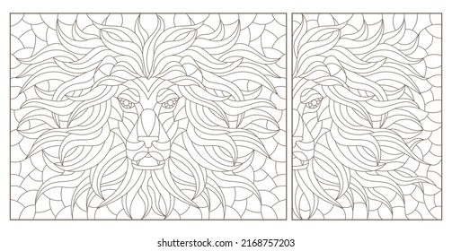 A set of contour illustrations in the style of stained glass with portraits of lions, dark contours on a white background