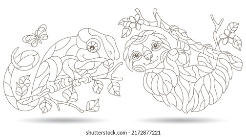 A set of contour illustrations in the style of stained glass with cute sloth and chameleon on tree branches, dark contours on a white background