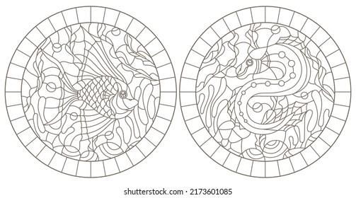 Conjunto de ilustraciones de contorno en el estilo de vidrio manchado con pescado abstracto, contornos oscuros sobre un fondo blanco