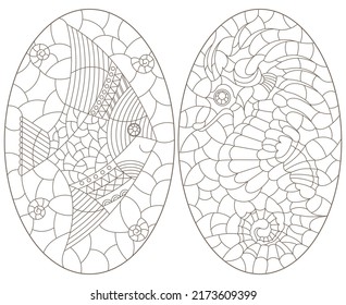 Set of contour illustrations in the style of stained glass with seahorse and fish, dark outlines on a white background