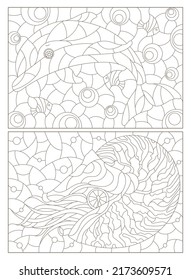 A set of contour illustrations in the style of a stained glass window with cute cartoon dolphins and nautilus, dark contours on a white background