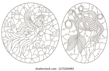 A set of contour illustrations in the style of stained glass with angel girls and mermaid, dark contours on a white background