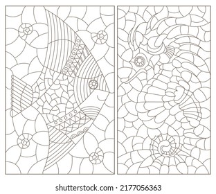 Reihe von Kontur-Illustrationen im Stil von Buntglas mit Seepferdchen und Fischen, dunkle Konturen auf weißem Hintergrund