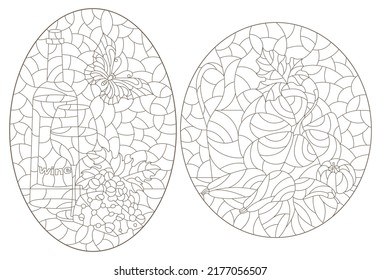 A set of contour illustrations in the style of stained glass with still lifes with wine and pumpkin, dark contours on a white background