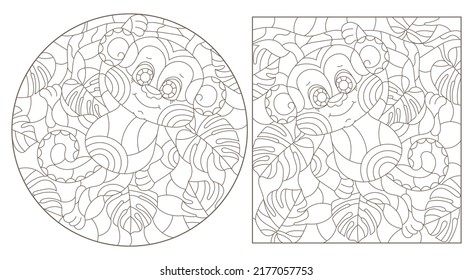A set of contour illustrations in the style of stained glass with cute cartoon monkeys on tree branches, dark outlines on a white background