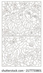 A set of contour illustrations in the style of stained glass with cute sloth and chameleon on tree branches, dark contours on a white background