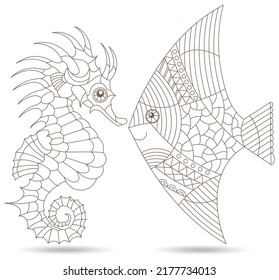Set of contour illustrations in the style of stained glass with seahorse and fish, dark outlines on a white background