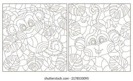 A set of contour illustrations in the style of stained glass with cute cartoon monkeys on tree branches, dark outlines on a white background