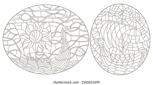 A set of contour illustrations in the style of stained glass with ancient Viking ships, dark contours on a white background