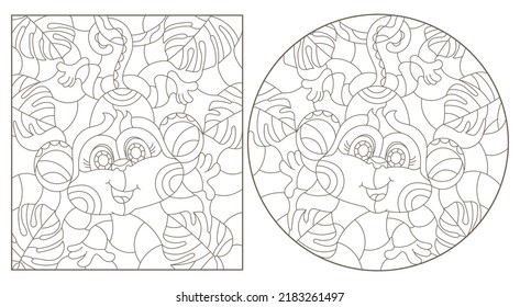 A set of contour illustrations in the style of stained glass with cute cartoon monkeys on tree branches, dark outlines on a white background