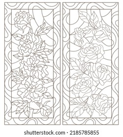 Un conjunto de ilustraciones de contorno al estilo de vidrios manchados con flores de rosa y peonía, contornos oscuros sobre un fondo blanco