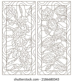 A set of contour illustrations in the style of stained glass with irises and tulips flowers, dark contours on a white background