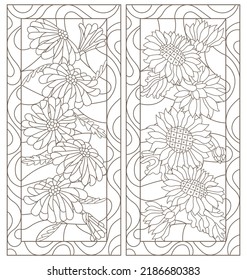 A set of contour illustrations in the style of stained glass with daisies and sunflowers flowers, dark contours on a white background