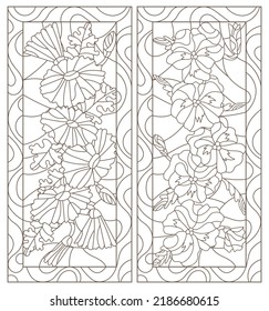 A set of contour illustrations in the style of stained glass with daisies and pansies flowers, dark contours on a white background