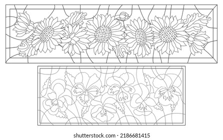 A set of contour illustrations in the style of stained glass with sunflower and pansies flowers, dark contours on a white background