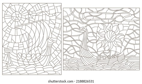 A set of contour illustrations in the style of stained glass with ancient Viking ships, dark contours on a white background