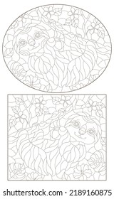 A set of contour illustrations in the style of stained glass with cute sloths on tree branches, dark contours on a white background