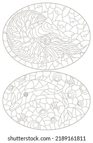 A set of contour illustrations in the style of a stained glass window with cute cartoon dolphins and nautilus, dark contours on a white background