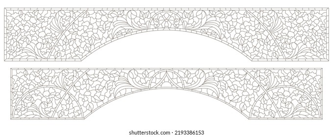 A set of contour illustrations in the style of stained glass with floral ornaments, designs for arches