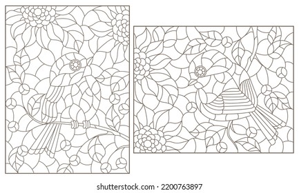 Un conjunto de ilustraciones de contorno en el estilo de vidrios manchados con pájaros sobre ramas de árboles, contornos oscuros sobre un fondo blanco