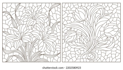 A set of contour illustrations in the style of stained glass with bouquets of tulips and lilies, dark contours on a white background