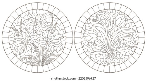 A set of contour illustrations in the style of stained glass with bouquets of tulips and lilies, dark contours on a white background