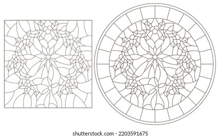 A set of contour illustrations in the style of stained glass with Christmas wreaths, dark contours on a white background