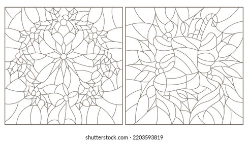 Un conjunto de ilustraciones de contorno en el estilo de vidrios manchados con coronas y medias de Navidad , contornos oscuros sobre un fondo blanco