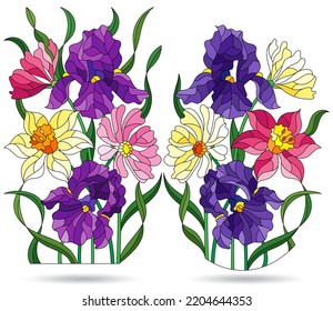 A set of contour illustrations in the style of stained glass with flower bouquets, flowers isolated on a white background