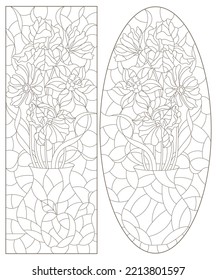 A set of contour illustrations in the style of stained glass with a floral still life, flowers and fruits on a white background