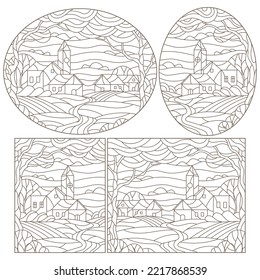 A set of contour illustrations in the style of stained glass with urban landscapes , dark contours on a white background