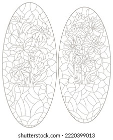 A set of contour illustrations in the style of stained glass with a floral still life, flowers and fruits on a white background