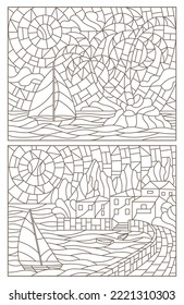 A set of contour illustrations in the style of stained glass with seascapes, dark contours on a white background