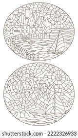 A set of contour illustrations in the style of stained glass with seascapes, dark contours on a white background