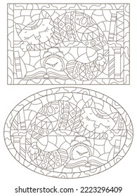 A set of contour illustrations in the style of stained glass with a cute cat on bookshelves, dark contours on a white background