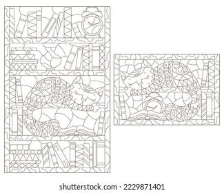 A set of contour illustrations in the style of stained glass with a cute cat on bookshelves, dark contours on a white background