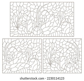 A set of contour illustrations in the style of stained glass with compositions of vegetables, dark contours on a white background