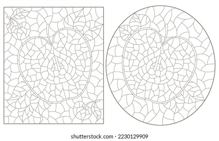 A set of contour illustrations in the style of stained glass with apple slices, dark contours on a white background