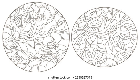 A set of contour illustrations in the style of stained glass with cardinal birds on snow-covered tree branches, oval images