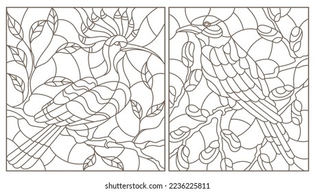 A set of contour illustrations in the style of stained glass with birds on tree branches, dark contours on a white background