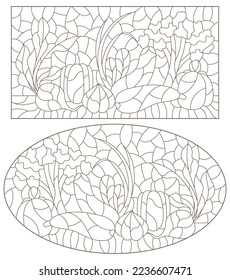 A set of contour illustrations in the style of stained glass with compositions of vegetables, dark contours on a white background