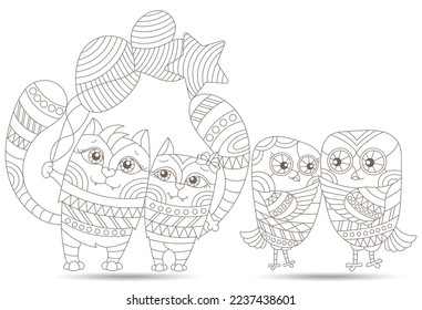 A set of contour illustrations in the style of stained glass with cute cartoon owls and cats, dark contours isolated on a white background