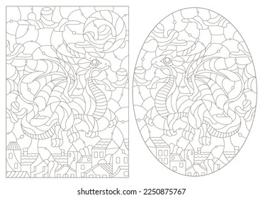 A set of contour illustrations in the style of stained glass with cute cartoon dragons, dark contours on a white background