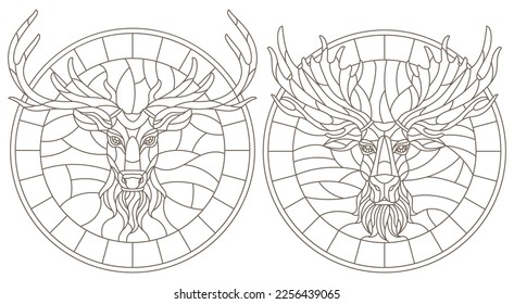 A set of contour illustrations in the style of stained glass with deer and elk heads, dark contours isolated on a white background