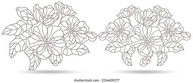 Eine Reihe von Konturillustrationen im Stil von Buntglas mit Kirschblüten, Pflanzen einzeln auf weißem Hintergrund
