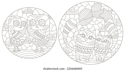A set of contour illustrations in the style of stained glass with cute cartoon owls and cats, dark contours on a white background